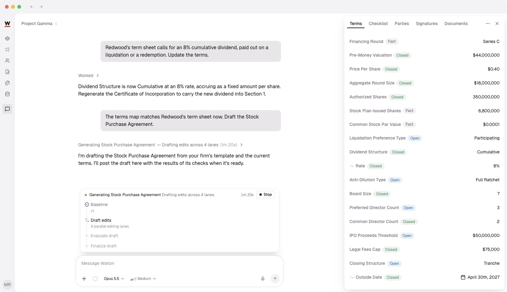 Walton drafting a Stock Purchase Agreement from the chat, with the terms map open beside it showing the Series C terms and their negotiation status