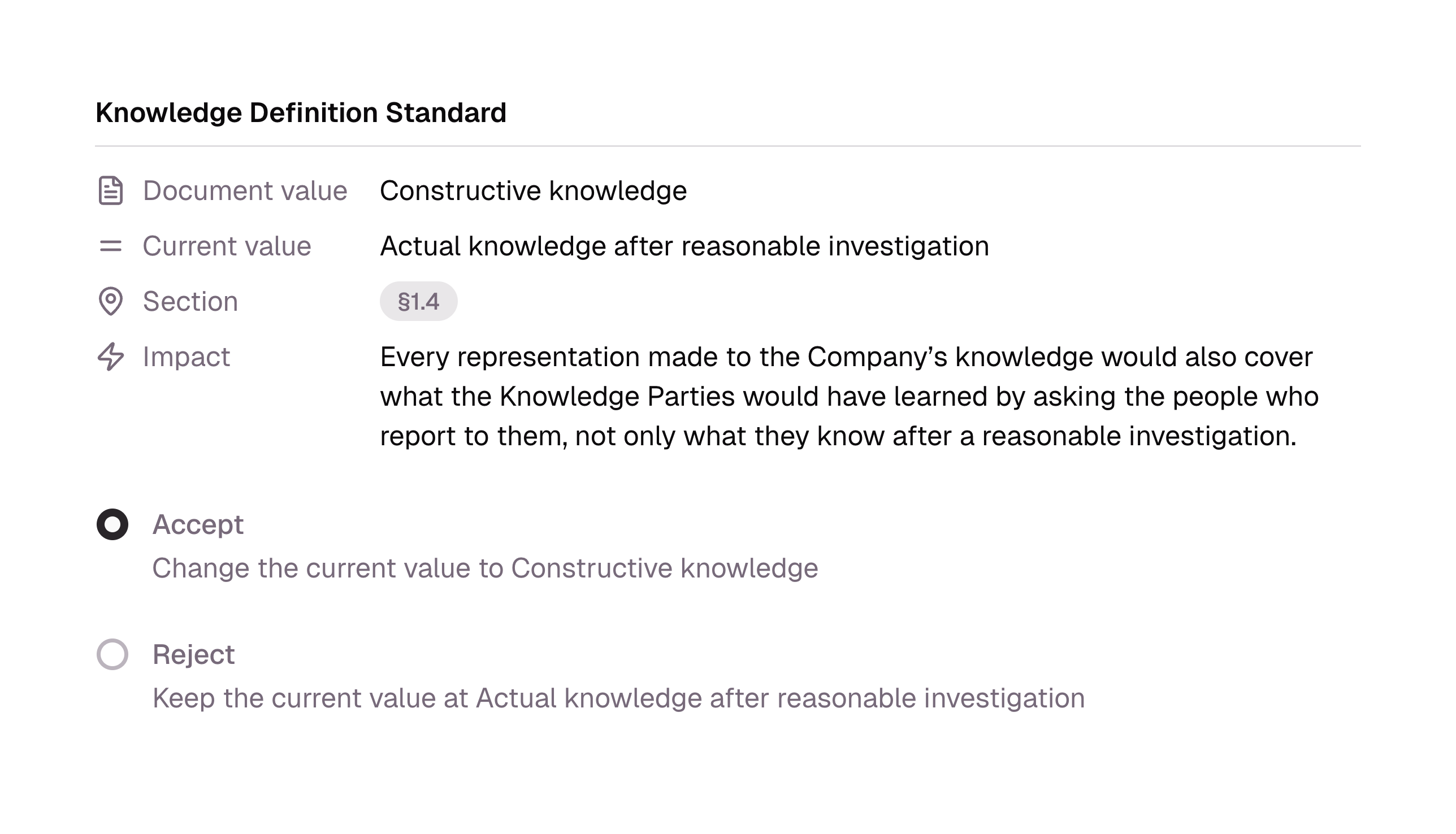 Walton markup review of the Knowledge Definition Standard in section 1.4: the document value is constructive knowledge, the current value is actual knowledge after reasonable investigation, with the impact explained and options to accept or reject the change