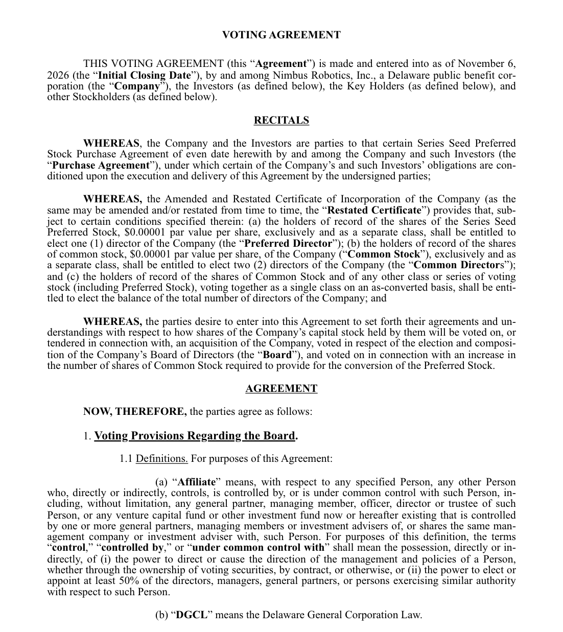 The opening page of a Series Seed voting agreement between Nimbus Robotics, Inc., its investors, and its key holders